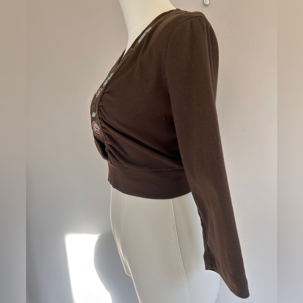 Y2K CATO Brown Babydoll Crop V-Neck Layering Top Whimsigoth Indie Fairy Boho | L - Picture 9 of 13